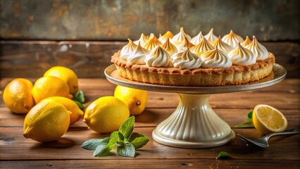 A close-up of a lemon meringue pie with a delicate crust, topped with swirls of fluffy meringue and surrounded by fresh lemons and mint leaves on a rustic wooden table