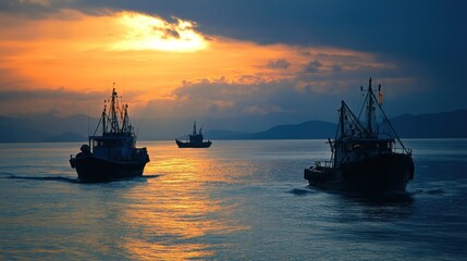 Fishing vessels equipped with modern gear, returning from a day of fishing at sea.