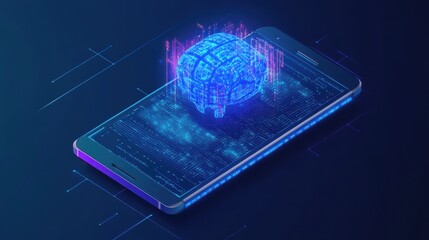 Isometric artificial intelligence business concept. Blue glowing isometric personal information data connection pc smartphone future technology. 3D infographic vector illustration