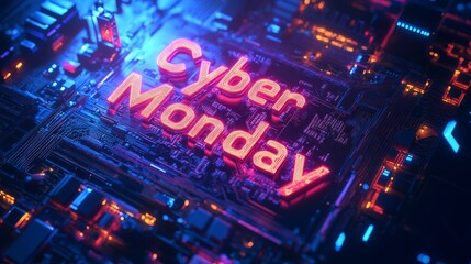 Obraz premium Cyber Monday poster. The Cyber Monday inscription is surrounded by the texture of a computer chip with lights