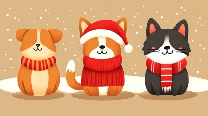 Fototapeta premium Three cute cartoon dogs wearing winter scarves and hats, snowy background, cheerful and festive.