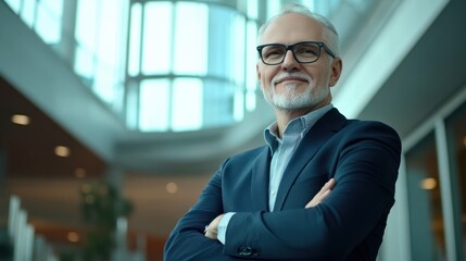 Fototapeta premium Portrait of successful mature boss, senior businessman in glasses and business suit looking at camera and smiling, man with crossed arms working inside modern office building.