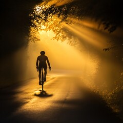 Obraz premium Cyclist riding through a sunlit forest path