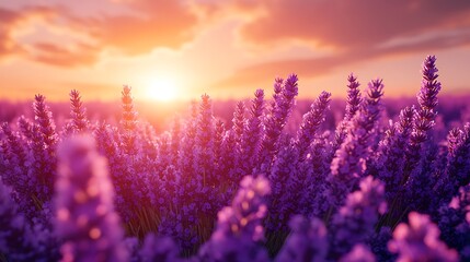 Fototapeta premium A field of lavender blossoms bathed in the golden light of a setting sun, creating a serene and tranquil atmosphere.