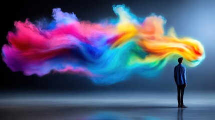 Obraz premium Person standing in awe of colorful abstract smoke swirls in dark space.