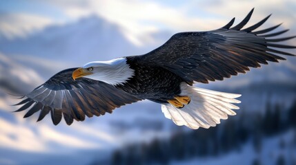 Obraz premium A majestic eagle soaring over a snow-covered mountain landscape.