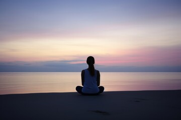 Fototapeta premium Woman meditating outdoors horizon sitting.
