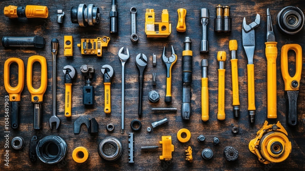 Wall mural a flat lay of various tools laid out on a wooden surface.