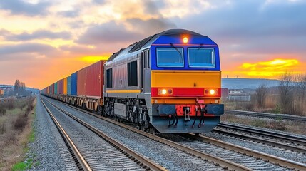 Fototapeta premium A freight train carrying colorful containers speeds across a countryside landscape at sunset.