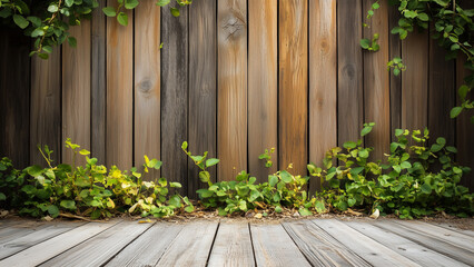 Obraz premium Rustic Wooden Planks with Garden Greens: A Photorealistic Backdrop