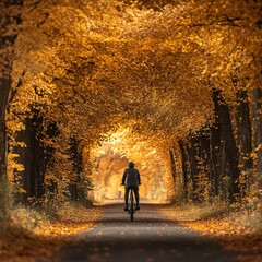 Cyclist riding through a vibrant autumn tunnel of trees