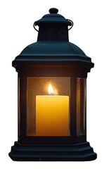 A glowing candle inside a vintage black lantern, casting a warm light, isolated against a black background for a dramatic effect.