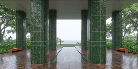 Modern Green Tiled Patio with Infinity Pool and Ocean View