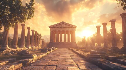 Scenic mountain view greek temple ancient historic landscape scene picture