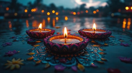 Fototapeta premium Three lit clay oil lamps glow warmly in a peaceful outdoor setting, casting soft light in a serene and natural environment.