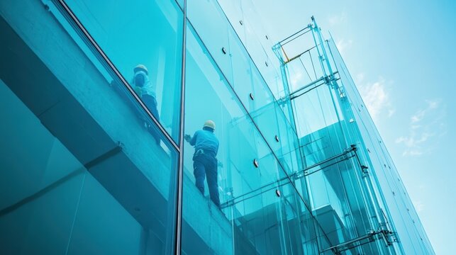 Glazing services in action, with skilled workers fitting glass on a commercial project.