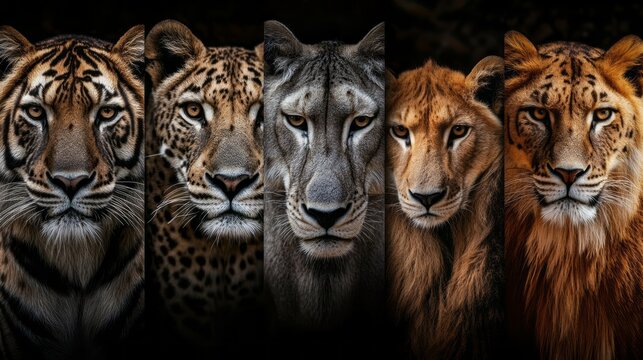 A series of pictures of different types of lions