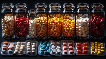 A row of glass jars filled with different types of pills and capsules, and several blister packs of pills in front.