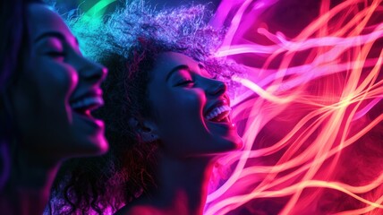 Fototapeta premium Two women joyfully singing, illuminated by vibrant neon lights, creating a lively and energetic atmosphere.