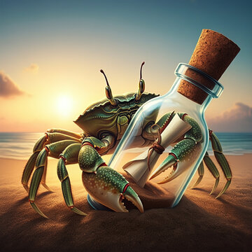 Crab Holding Message in a Glass Bottle, Beautiful Sand Beach, Waves  & Ocean Illustration
