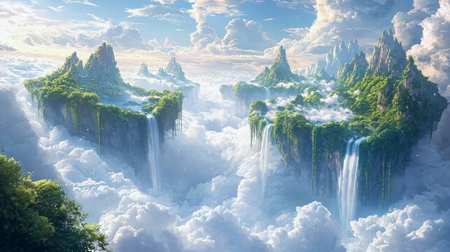 Surreal Floating Mountains with Vines and Endless Waterfalls in the Clouds