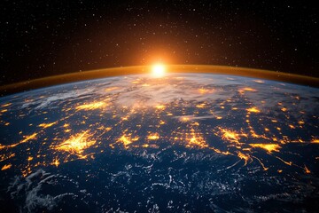 Obraz premium Earth at Night with City Lights and a Rising Sun