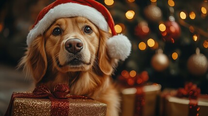 Pet dog during Christmas, dressed in festive attire and posing with a Christmas tree. Joyful holiday scene emphasizing festive spirit, perfect for seasonal greeting cards and holiday promotions.