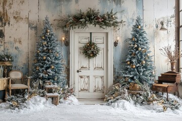Christmas-themed interior photo backdrop for a photography studio, featuring a white door, trees in blue, green, and gold, snow, and a small decorated Christmas tree in front.