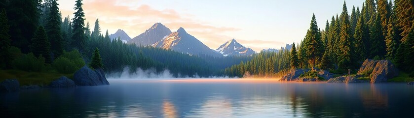 Fototapeta premium Quiet lakeside morning, with mist gently rising from the water, surrounded by dense forests and towering mountains, under the soft light of the early dawn