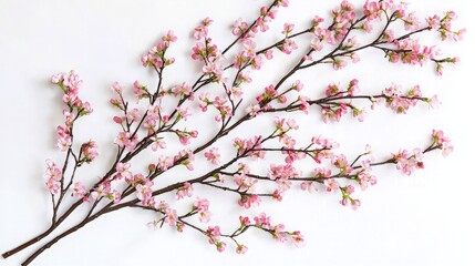 Delicate pink cherry blossoms arranged on a white background, creating a beautiful and elegant floral design.