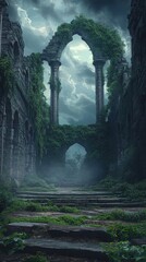 Naklejka premium Ancient Celtic ruins overgrown with moss and vines rise against a backdrop of stormy skies