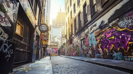 Naklejka premium A narrow, cobbled street with colorful graffiti art on the walls. A lone person walks down the street.