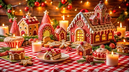 A festive table setting with gingerbread houses, candles, and cookies, creating a whimsical winter wonderland scene.