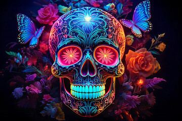 Fantasy skull pattern with colorful nature on dark background, skull mask