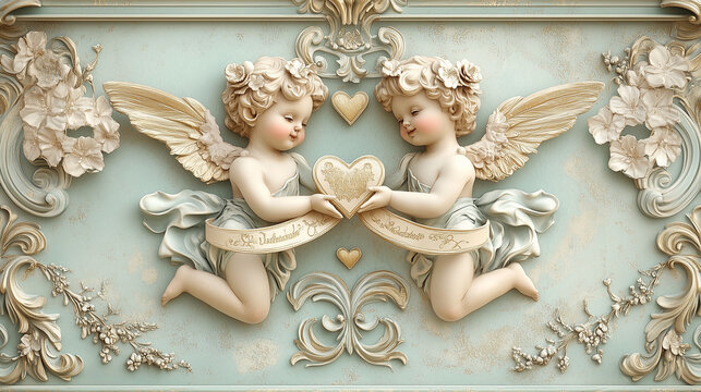 Baroque-inspired Valentine&rsquo;s card featuring two cherubs holding a ribbon with hearts, soft pastel tones with gold accents, large cherub figures as the main focus, romantic and elegant design