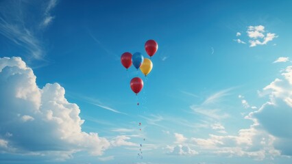 Obraz premium Colorful balloons floating in a bright blue sky with fluffy white clouds.