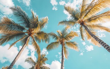 Coconut palm tree on blue sky background. Tropical summer background.