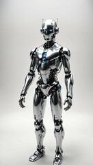 futuristic humanoid android with robotic arms on minimalist gray background