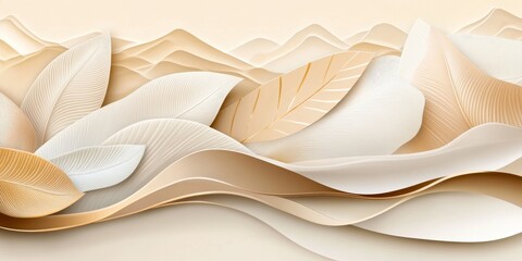 Beige Wall with Elegant Pattern of Mountains and Tropical Flowers