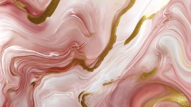 A close-up shot of pink and gold marbled paint, showcasing intricate swirling patterns