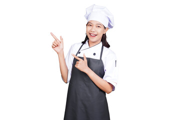 Asian woman chef in uniform pointing isolated transparent