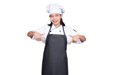 Asian woman chef in uniform pointing isolated transparent