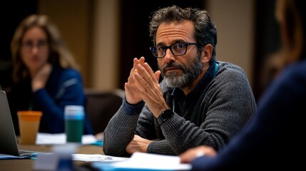 A man with a beard and glasses sits at a table with his hands clasped, listening intently to a speaker at a conference.
