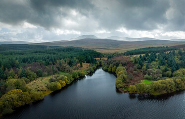 Aerial view of the Use reservoir and the Black Mountain at the western edge of Bannau Brycheiniog National Park (Brecon Beacons) South Wales UK
