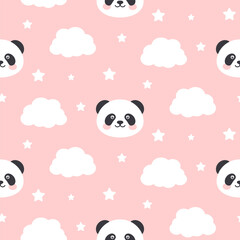 Kawaii little panda on pink background with white clouds and stars. Vector seamless pattern.