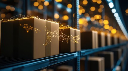 Modern warehouse scene with illuminated boxes and digital connections, showcasing advanced logistics and storage solutions.