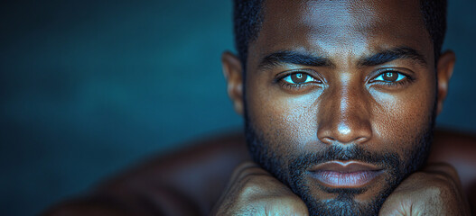 A contemplative portrait of a black man reflecting on depression, ideal for mental health awareness campaigns, articles, or themed events.