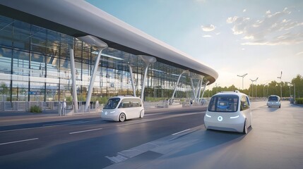 Autonomous vehicles driving past modern airport terminal.