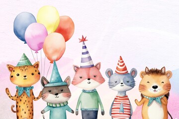 Naklejka premium Cute animal birthday party cartoon, watercolor illustration