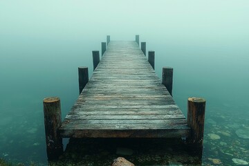 Fototapeta premium A Wooden Dock Extending into a Foggy Lake